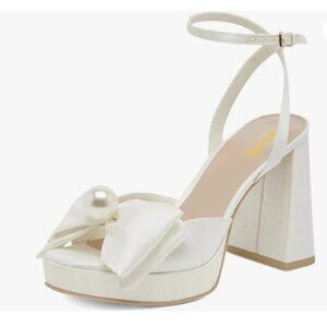 XYD Women Sweet Bow Platform Sandals with Pearl Open Toe Bridal Block Heel White